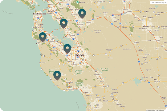 Map of the San Francisco Bay Area, California, marked with five teal location pins.