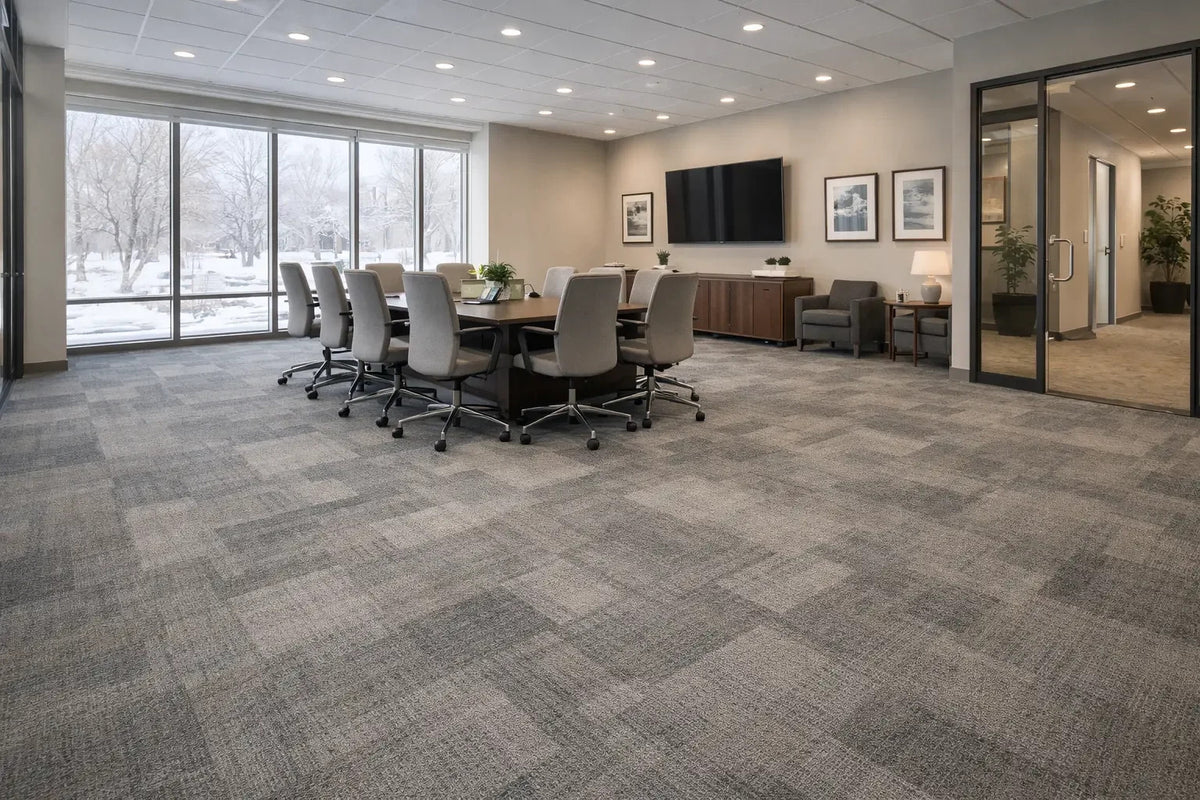 Gray commercial carpet tile in a modern office conference room