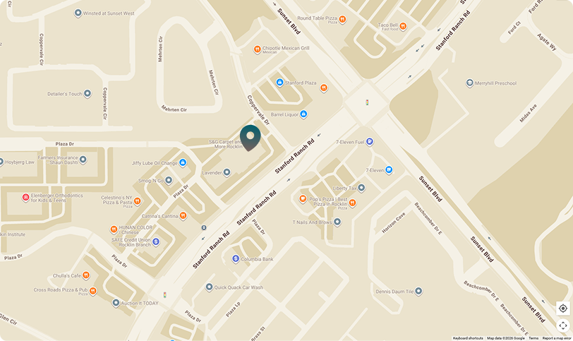 Map with a pin marking S&G Carpet and More Rocklin on Stanford Ranch Rd