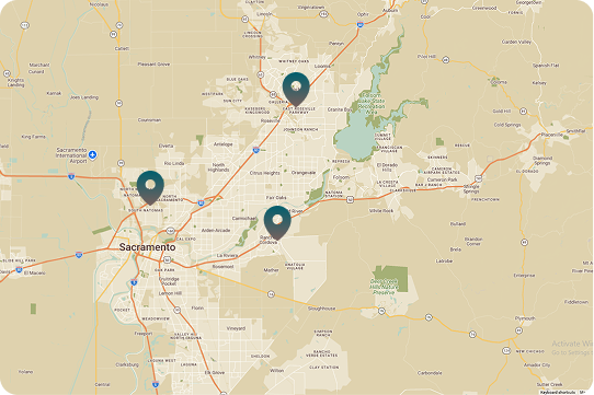 Map of Greater Sacramento, California, marked with three teal location pins.