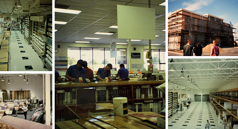 Collage of historical S&G Carpet photos showing warehouse flooring aisles, employees at a counter, and building construction.