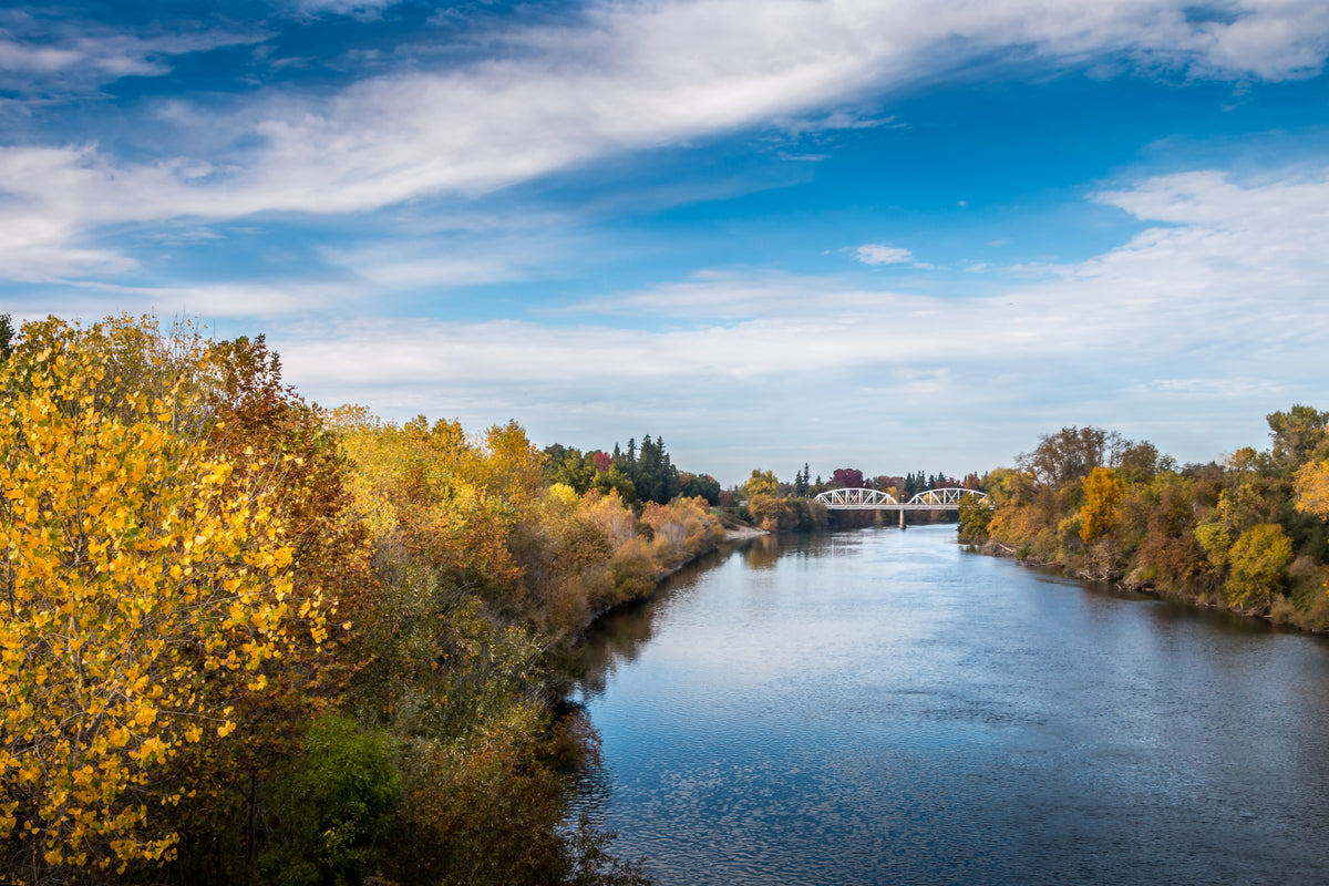 A scenic landscape photograph of a river flowing under a blue sky with white clouds, flanked by vibrant yellow and green autumn trees, with a bridge visible in La-Riviera.