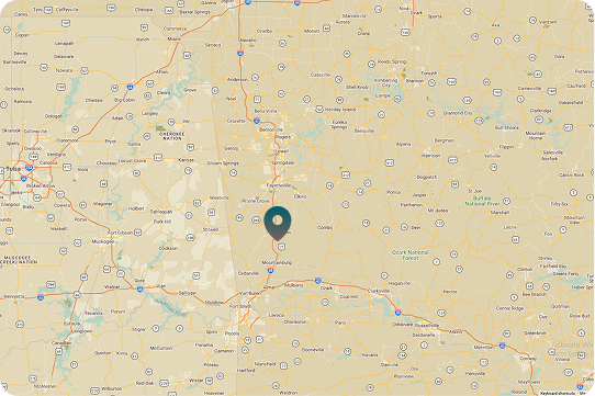Map of Northwest Arkansas marked with a teal location pin.