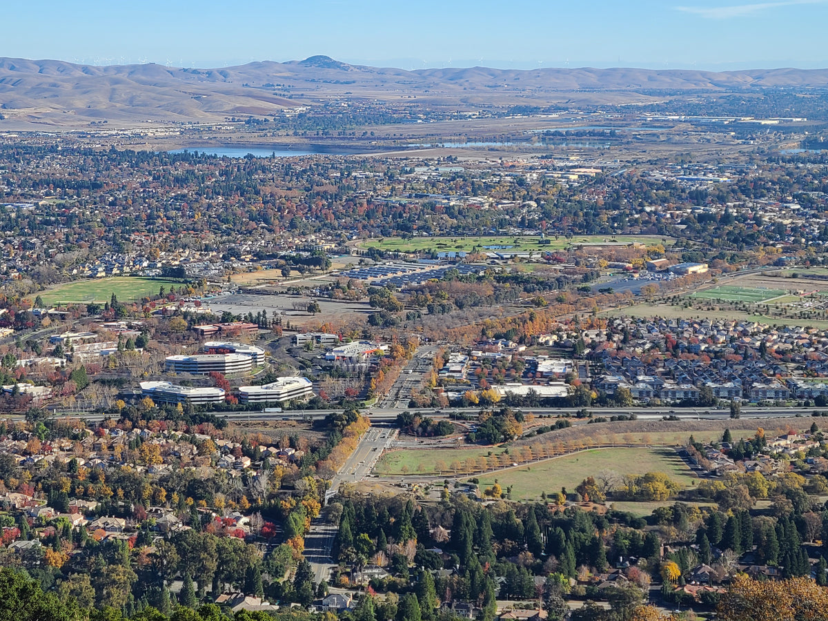 Aerial view of Pleasanton, California, with dense residential neighborhoods, green parks, roads, and distant mountains under a clear blue sky.