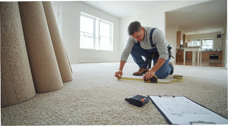 Installer measuring light beige carpet in a bright room next to upright carpet rolls.