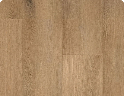 Warm tan oak-look luxury vinyl plank flooring with fine linear grain.