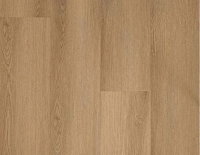 Warm tan oak-look luxury vinyl plank flooring with fine linear grain.