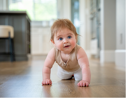 Light wood plank flooring in a bright modern room with a crawling baby.