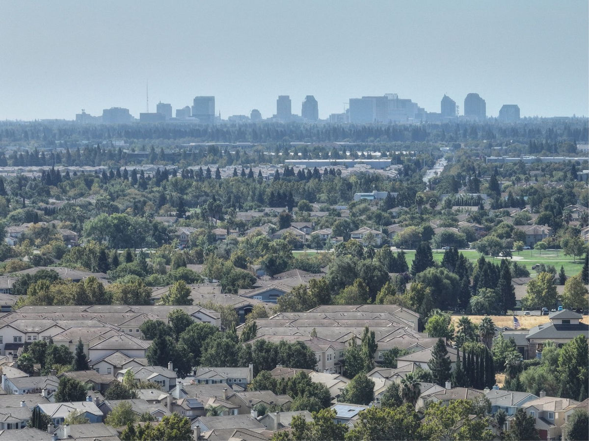 An elevated view of suburban Orangevale with dense trees, houses, and a distant city skyline under a hazy blue sky.