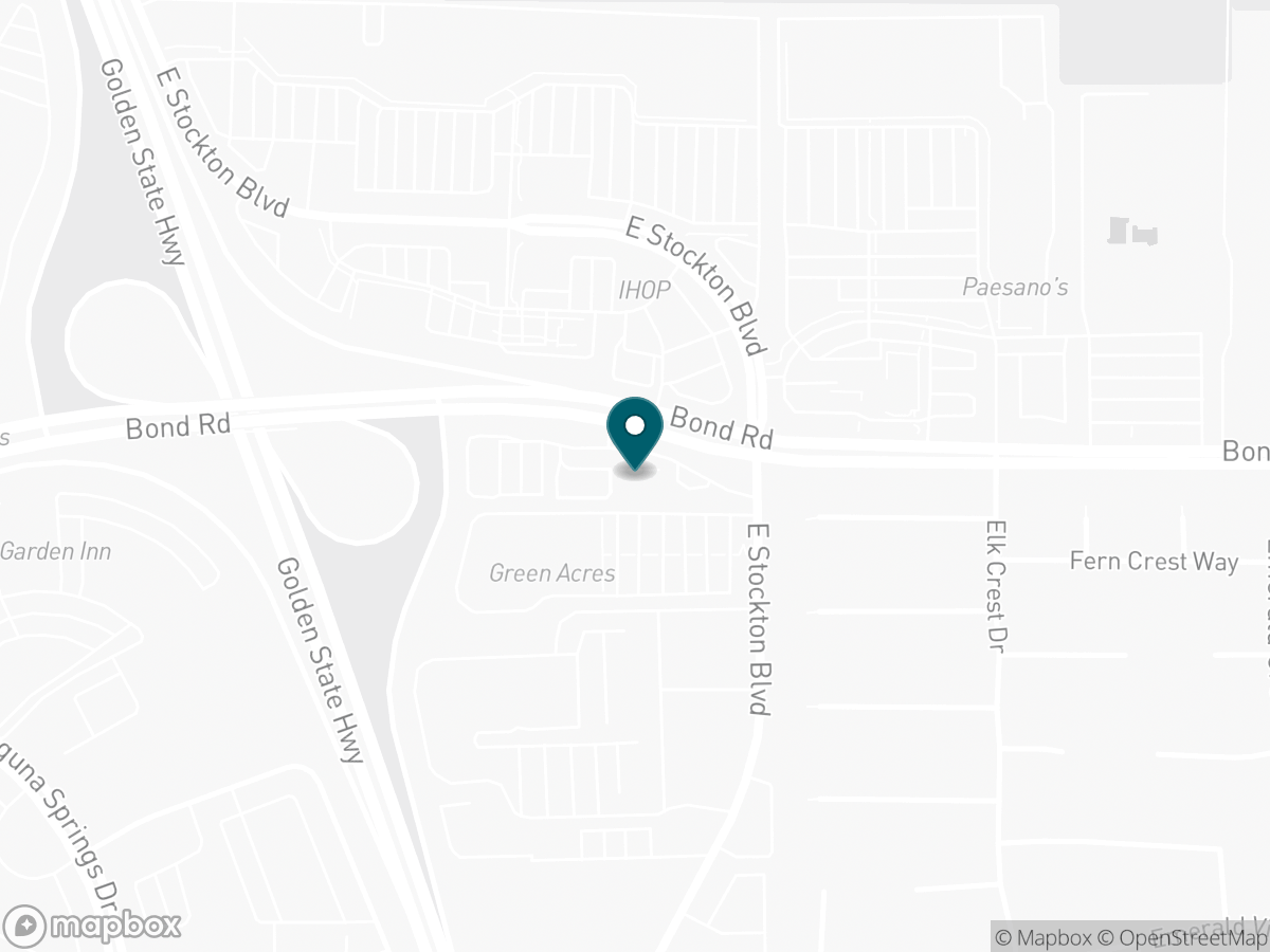 Map with a pin marking the S&G Carpet showroom at Bond Rd and E Stockton Blvd in Elk Grove