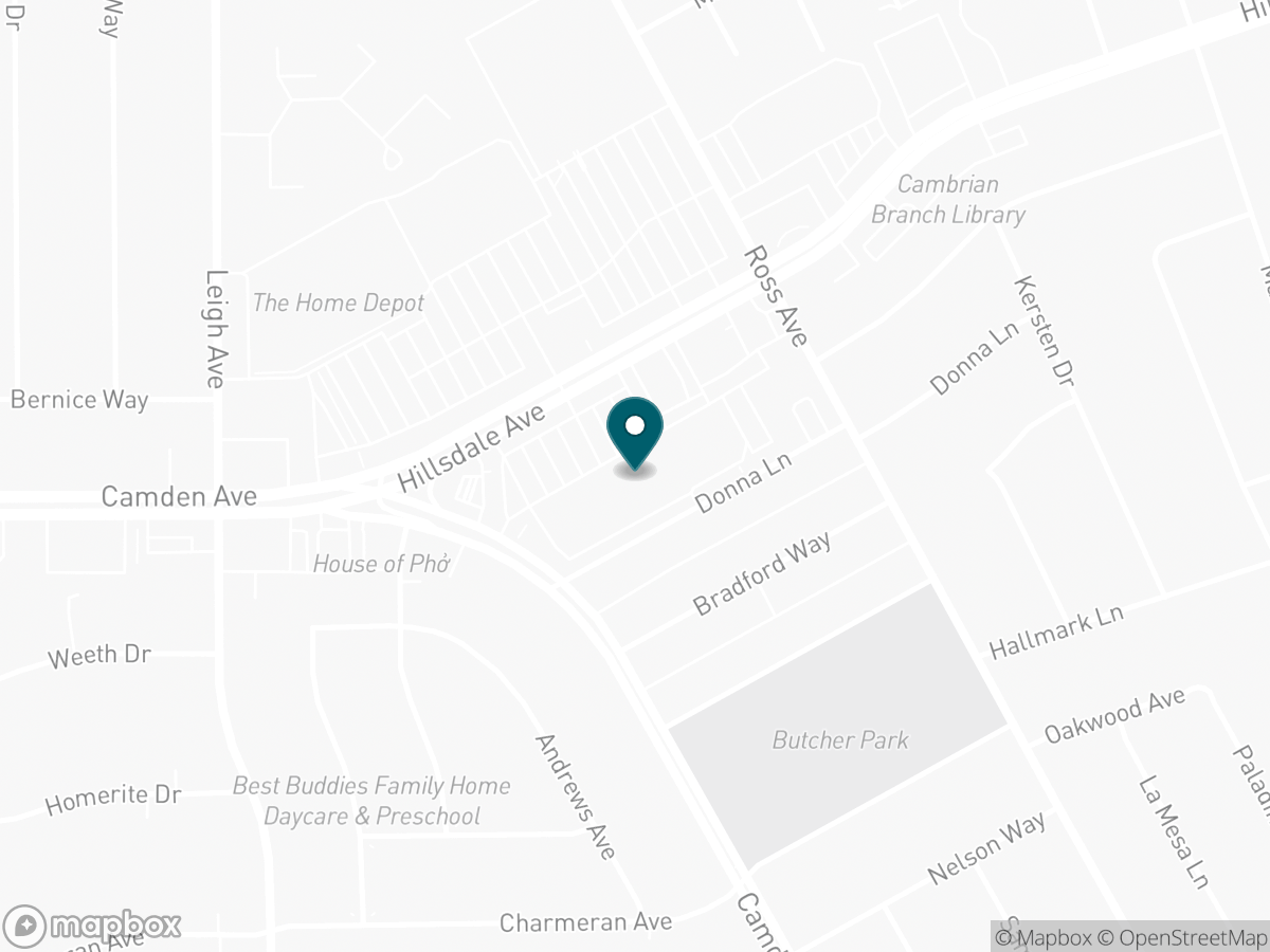 Map with a pin marking the S&G Carpet showroom near Hillsdale Ave and Camden Ave in San Jose