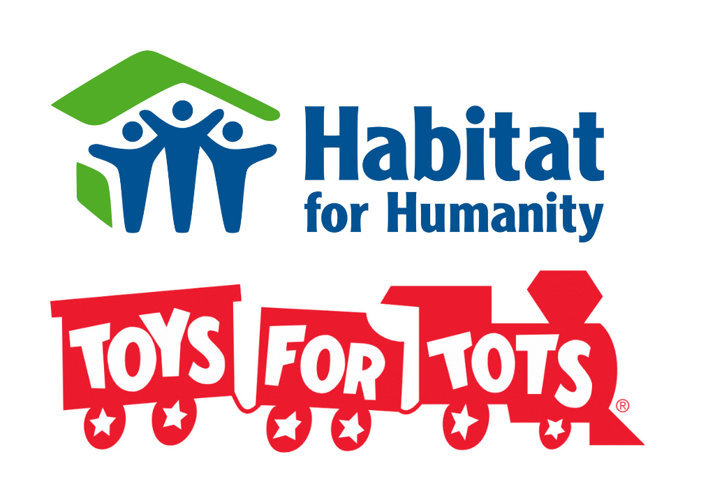 Habitat for Humanity and Toys for Tots logos, charities supported by S&G Carpet