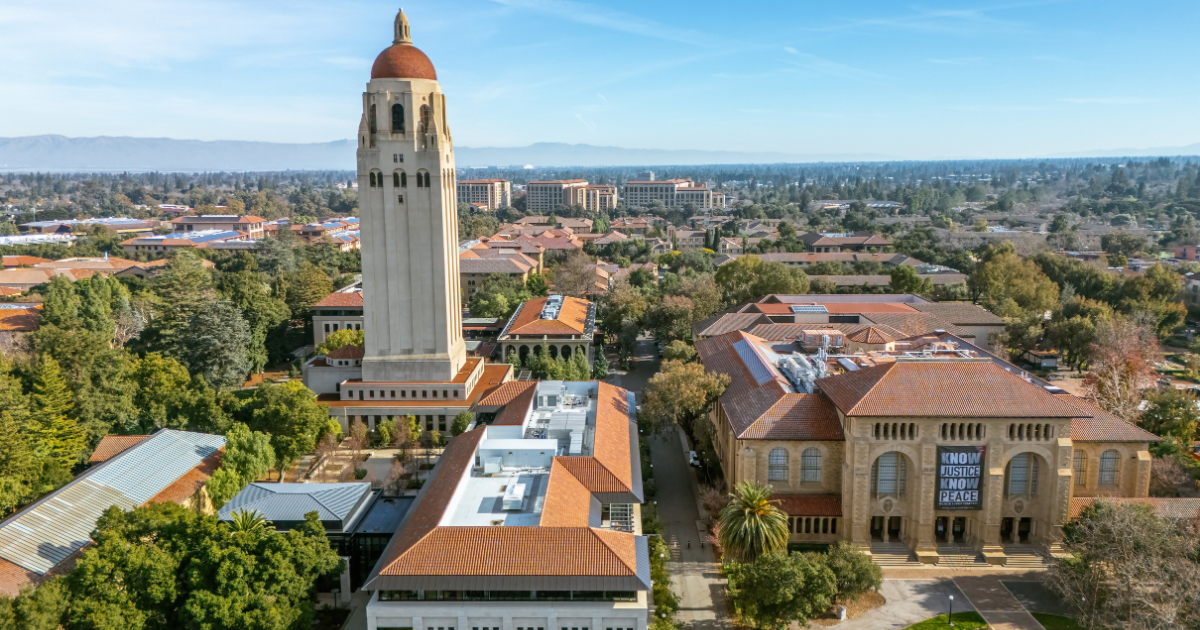 Aerial view of the Stanford campus and Hoover Tower in the S&G Carpet service area